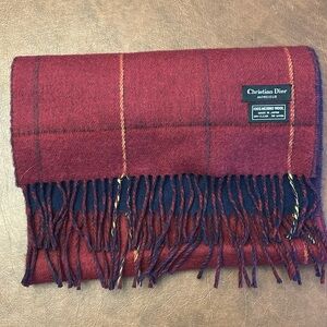 Christian Dior Monsieur 100% Marino Wool Red/Navy Plaid Scarf.
